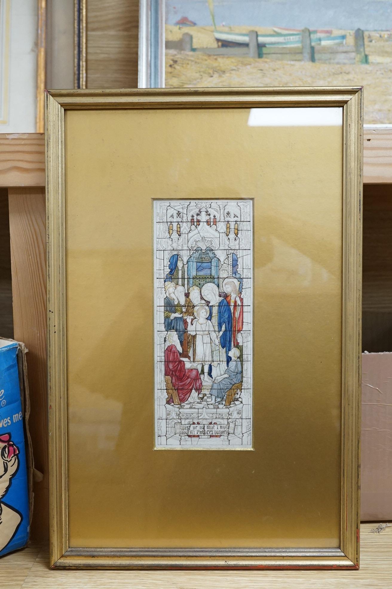 J Powell and Sons for Whitefriars Glassworks London, original watercolour design for stained glass window in Woodhouse Church, 20 x 8cm. Condition - good
